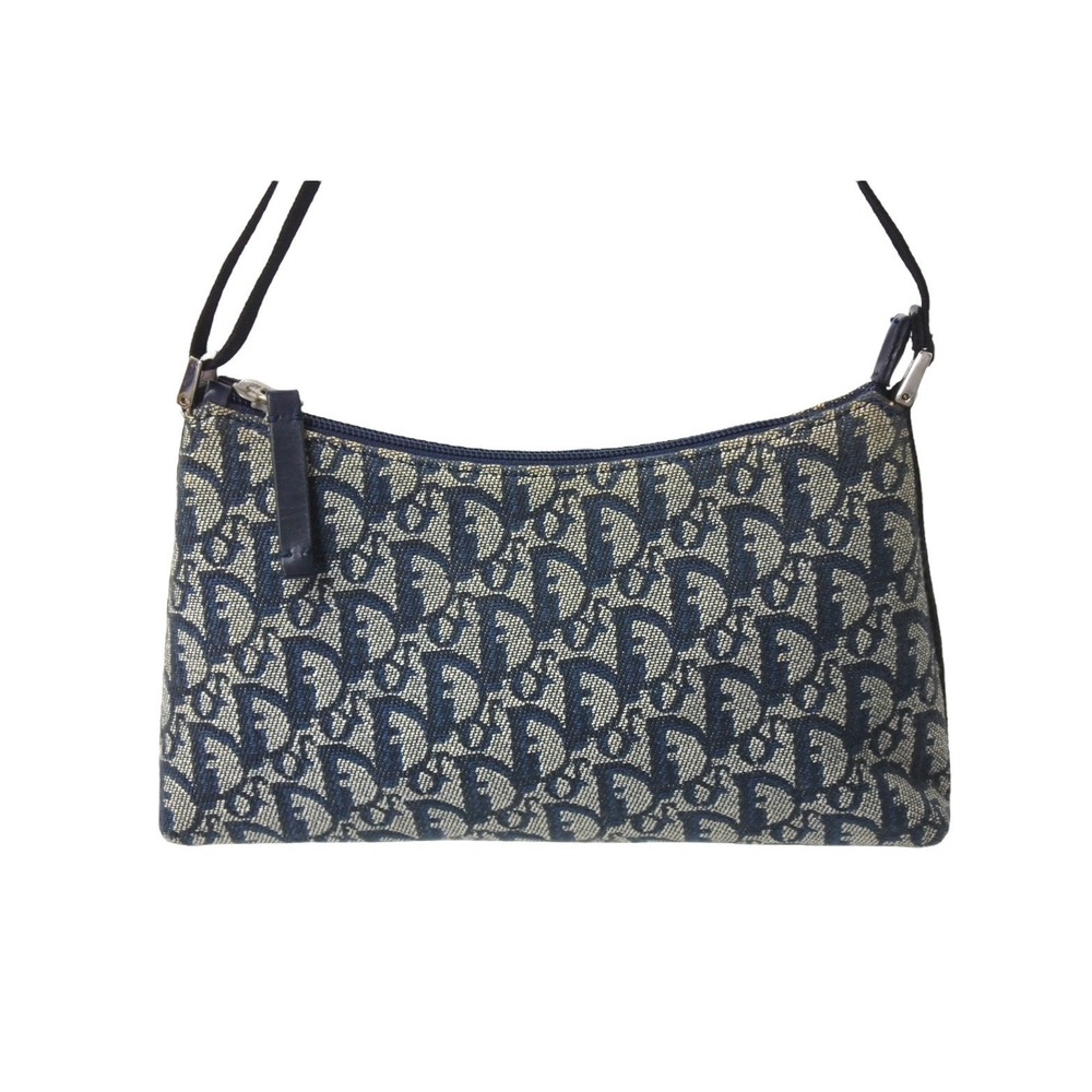 Dior Hobo Canvas Trotter Bag Blue Leather Gray Shoulder One Christian Silver
